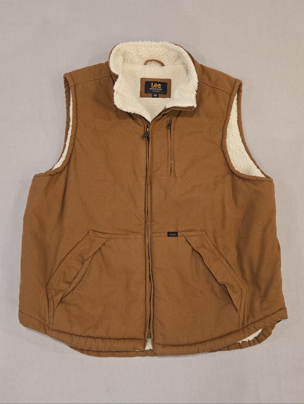 Lee Premium Select Men Canvas Sherpa Lined Insulated Vest Brown Full-Zip